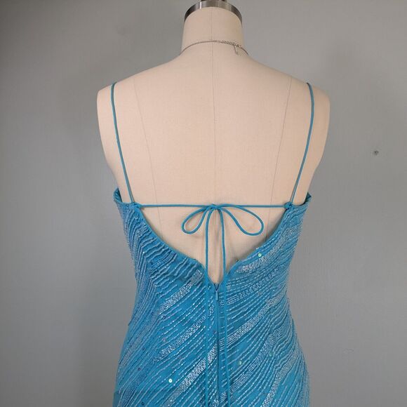 Silk Prom Dress Maxi Gown 10 Blue Vintage Y2K Fairy Glam Bead Princess Slit Bead - Picture 7 of 15